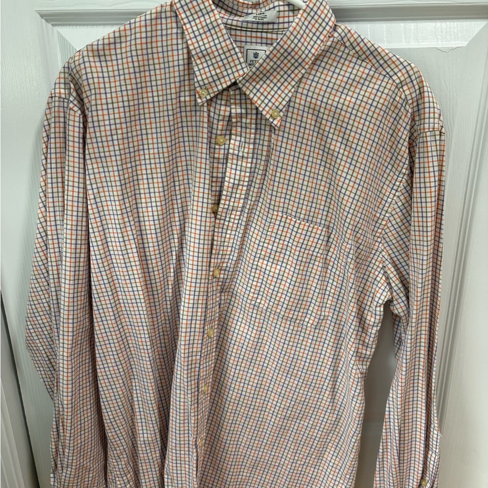 Peter Millar - Size Large - Orange Purple Green plaid button down. 100% cotton